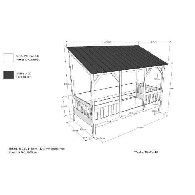 Lucevi housebed 03 huisbed 90 x 200 cm dak lattenbodem rollend 16 latten