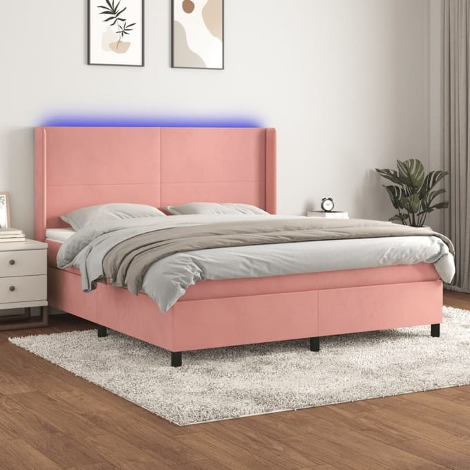 vidaXL - Boxspring - met - matras - en - LED - fluweel - roze - 160x200 - cm