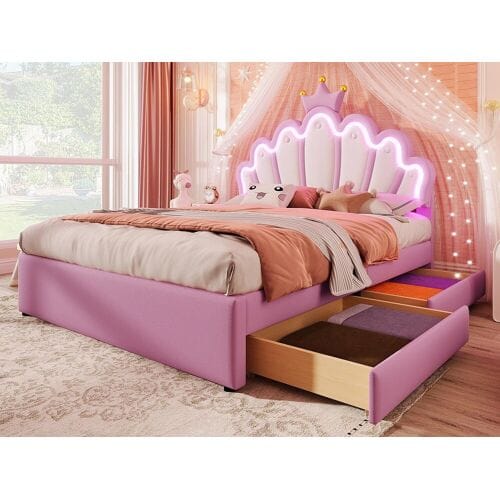 ModernLuxe Gestoffeerd kinderbed 140x200 cm - met LED en 2 lades - Roze