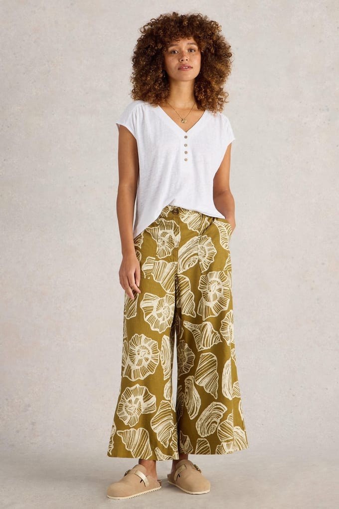 White Stuff Roxy Linen Blend Culotte Green Print Größe: 20 REGULAR | Ausgestellte Hosen Outlet | Damen | Weiß
