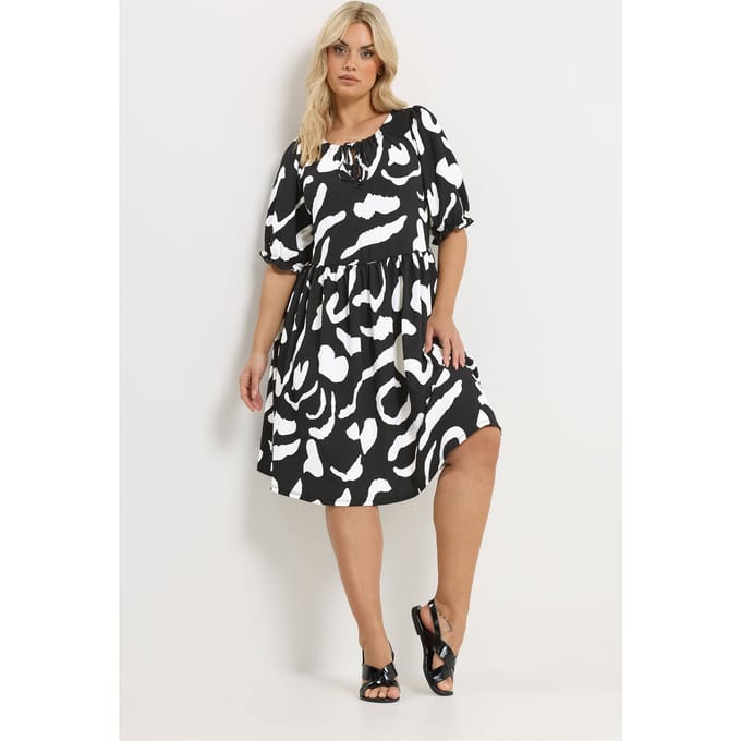 Yours Zwarte Abstracte Jurk Met Strik Aan De Voorkant Size 50-52
