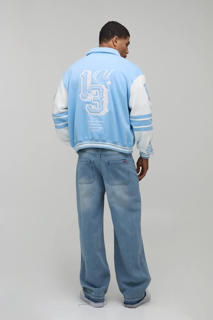 Boxy 13 Applique Jersey Varsity Bomber Jacket | Light Blue | Size XS