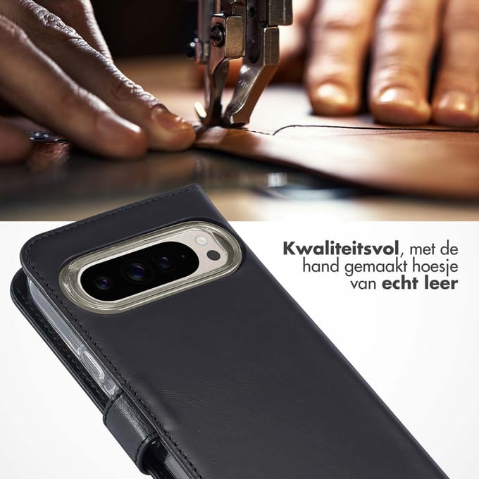 Selencia Hoesje - Geschikt voor Google Pixel 9 / 9 Pro - Echt Lederen Bookcase - Zwart