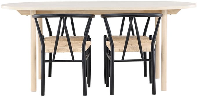 Andy eethoek tafel 90x180cm en 4 stoelen met armleuningen stapelbaar whitewash.