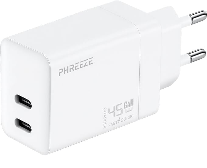 Usb C oplader 45w 2 poorten - Gan fast charger - Snellader - Wit - Phreeze