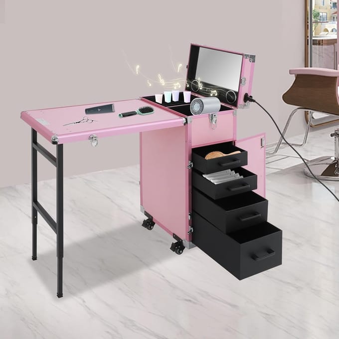 Manicure Tafel - Make-up Koffer - Mobiel Werken - Met Uitklapbaar Bureau - 57 x 38 x 68 cm - Roze
