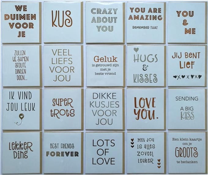 Wenskaarten - Leuke teksten - 20 Stuks - Luxe Kaarten - 12 x 11 cm - L-149