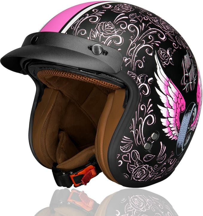 DAWNRISE Jethelm ECE 22.06 - Retro scooterhelm - Paars bloemmotief - Maat M