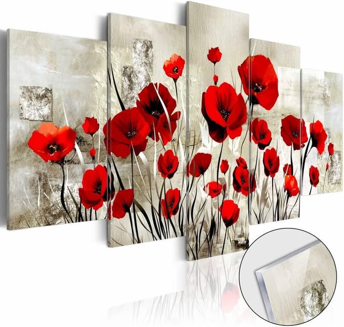 Afbeelding op acrylglas - Rode klaprozen, Rood/Beige, 5luik