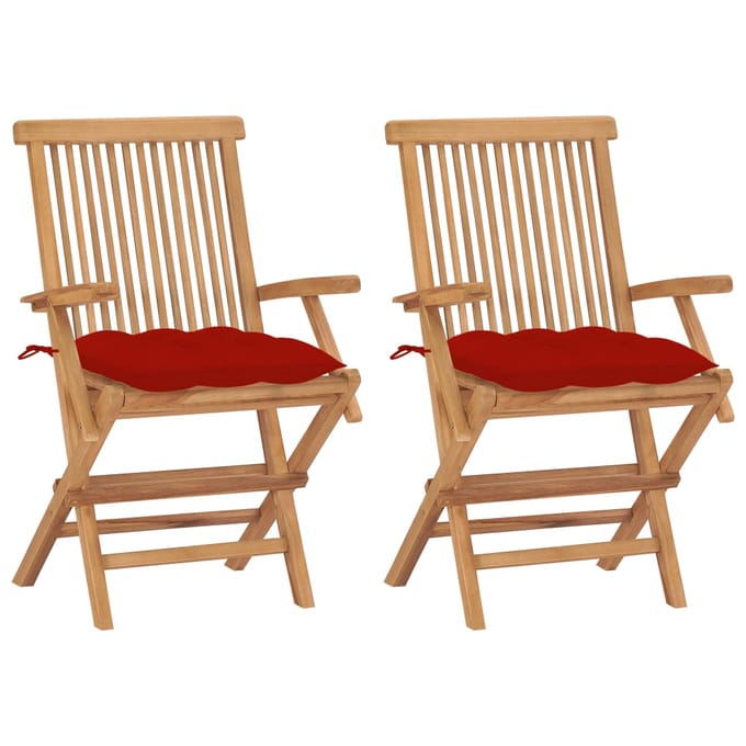 vidaXL - Opklapbare - stoelen - met - rode - kussens, - 2 - stuks, - massief - teakhout