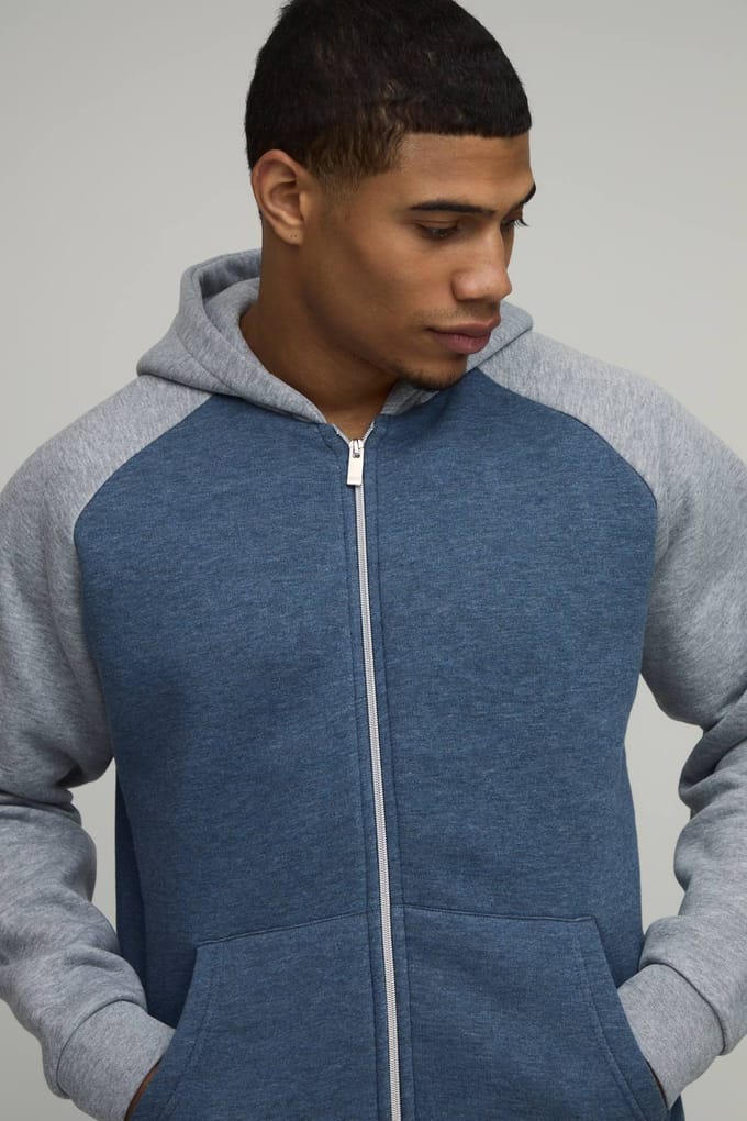Regular Fit Raglan Sleeve Zip Through Hoodie | Navy | Size Small