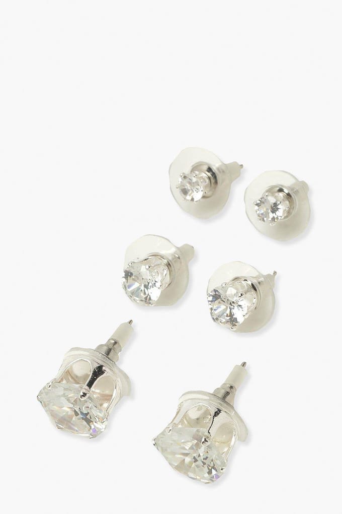 boohoo Dames 3-pack diamante stud oorbellen | Silver