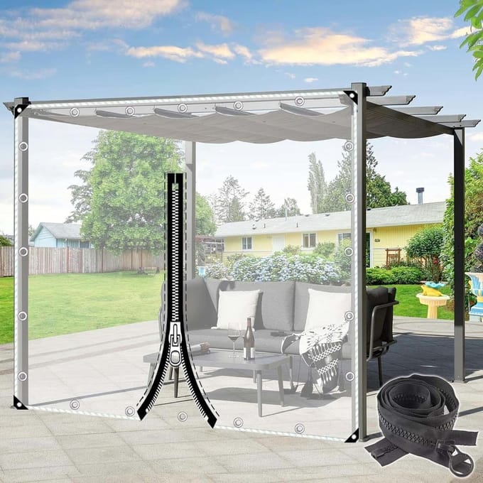 Zeildoek Gordijn - Transparant Dekzeil - Buitenruimte Afschermen - Met Ritssluiting - 3.8 x 3m - Transparant