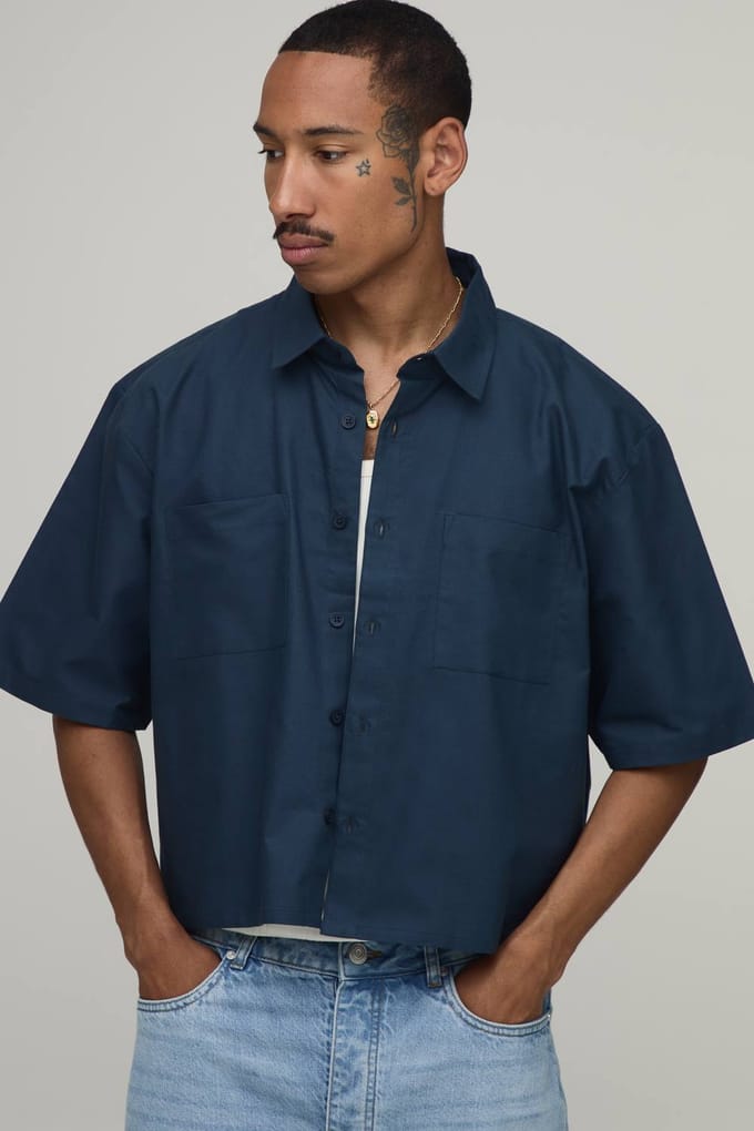 Oversized Crop Half Sleeve Oxford Shirt | Navy | Size Medium