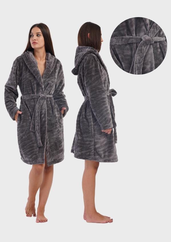 Damespluche badjas met capuchon en zakken M Comfortabel Met ceintuur Warm black