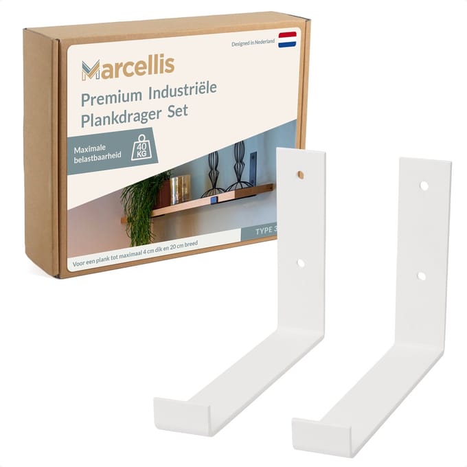 Marcellis - 2x Industriële plankdrager - Voor plank 20cm + schroefset - mat wit - staal - T4