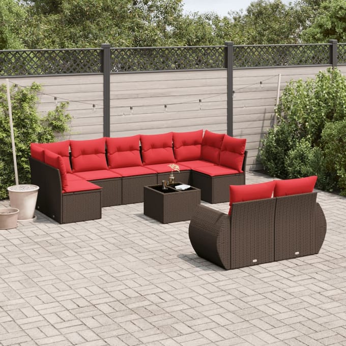 vidaXL - 10-delige - tuinbankset - met - kussens, - bruin - polyrotan