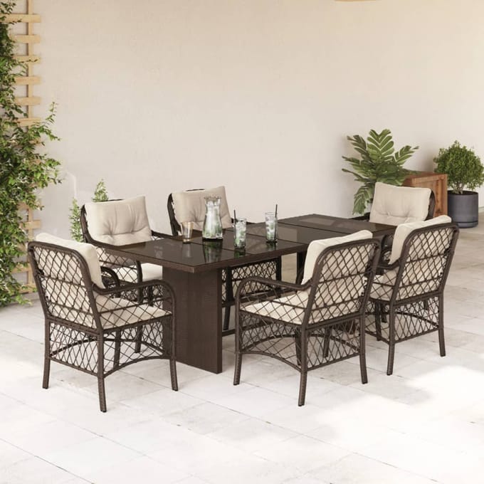 vidaXL - 7-delige - Tuinset - met - kussens - poly - rattan - bruin