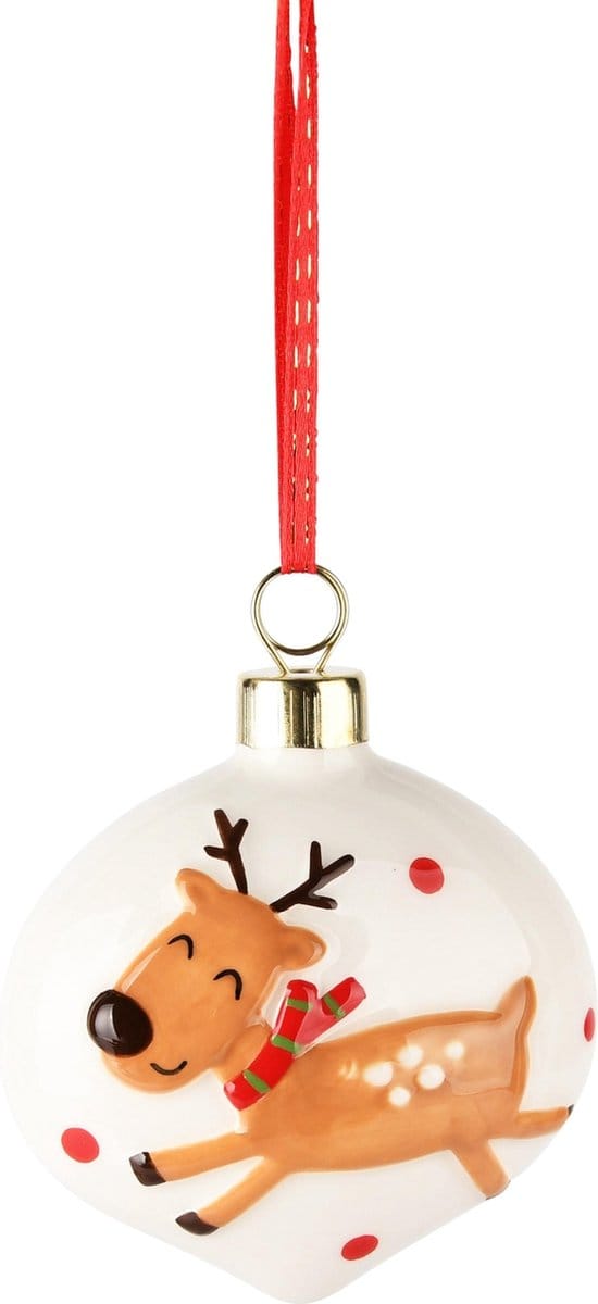 Dekoratief | Hanger bal m/rendier, dolomiet, wit/rood, 8x5x8cm | A245044