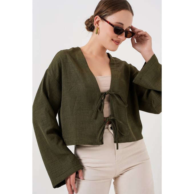 Viscose Blend V-Hals Lange Mouw Kimono met Binding Detail
