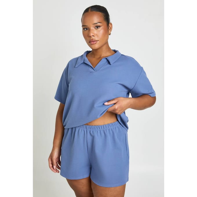 boohoo Dames Plus Wafel Short | Powder Blue | Maat: 16