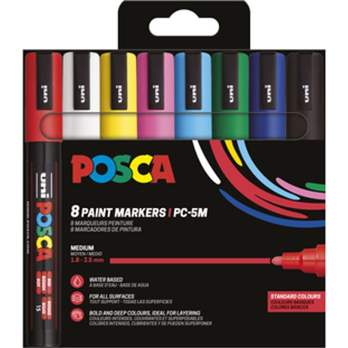 Posca Marker, afm pc-5m , lijndikte 2,5 mm, medium, diverse kleuren, 8 stuk/ 1 doos je -