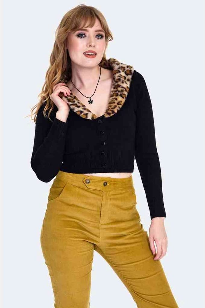 Voodoo Vixen - Leopard Fur Collar Set Cardigan - M - Zwart