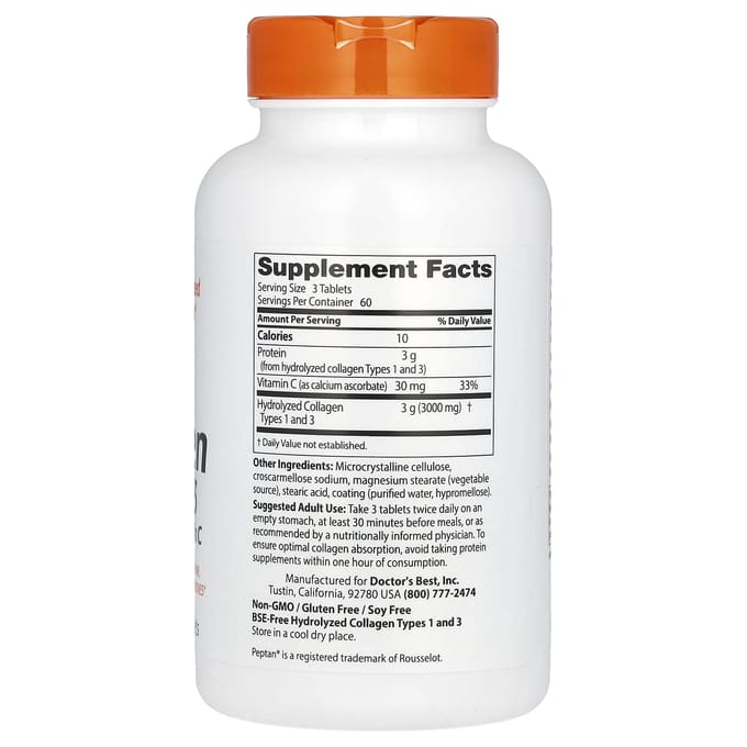 Doctor's Best, Collageen Type 1 en 3 met Peptan en Vitamine C, 1.000 mg, 180 tabletten