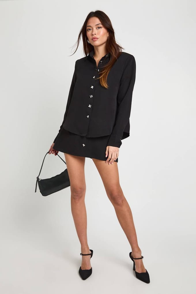 boohoo Dames Zilveren knop geweven minirok | Black | Maat: 8