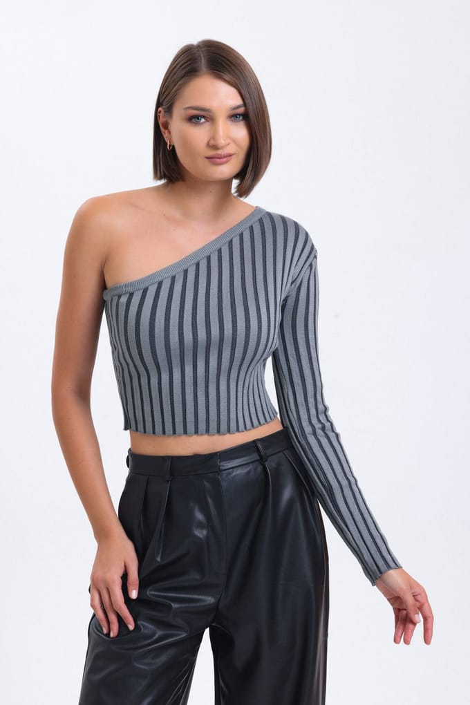 Gestreepte Een-Schouder Gebreide Ribbels Cropped Blouse