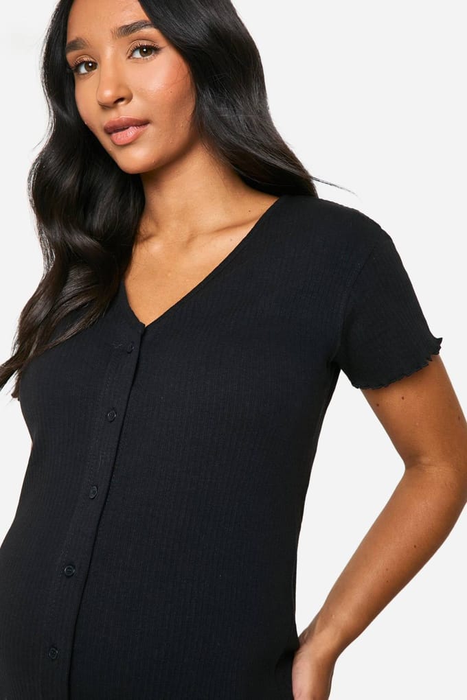 boohoo Dames Zwangerschaps Geribbeld Nachthemd met Knoopsluiting | Zwart | Maat: 40