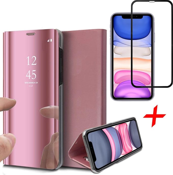 Hoesje geschikt voor iPhone 11 - spiegel book case cover roségoud + Screenprotector glas tempered glass screen protector full screen