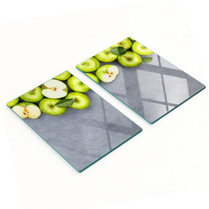 Decoratieve glazen snij- en serveerplanken met groene appels, 2x40x52 cm