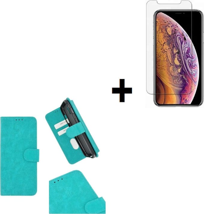 Geschikt voor iPhone 11 Pro Hoes Cover Wallet Book Case Turquoise + Screenprotector Tempered Gehard Glas