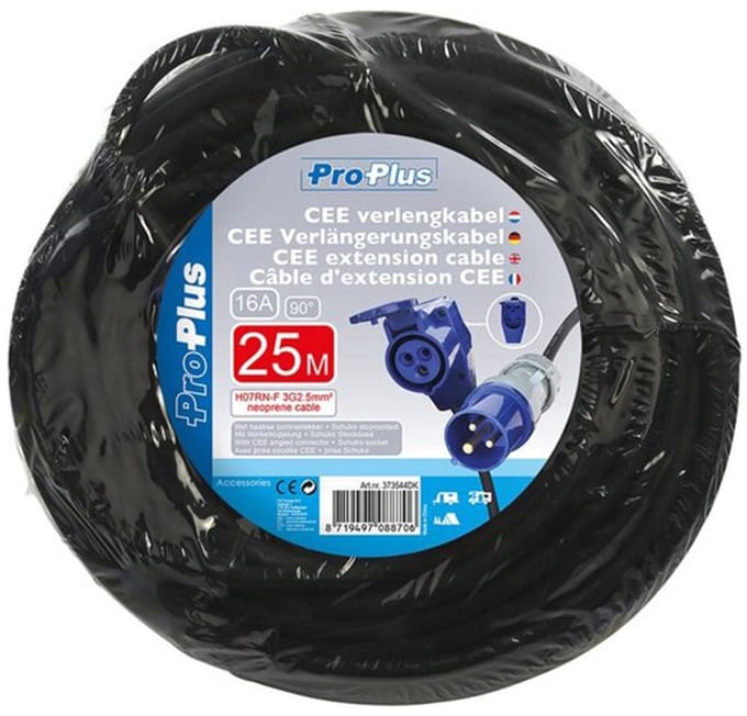 ProPlus CEE verlengkabel - 25M met haakse contrastekker + Schuko stopcontact - 3x2,5mm² - Zwart