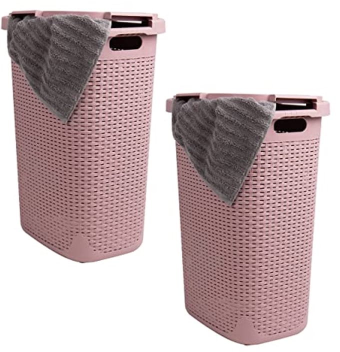 Slanke wasmand set van 2, 60 liter, geventileerd ontwerp met handgrepen en scharnierend deksel