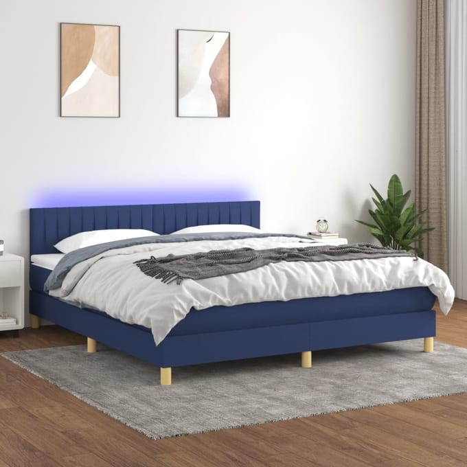 vidaXL - Boxspring - met - matras - en - LED - stof - blauw - 160x200 - cm