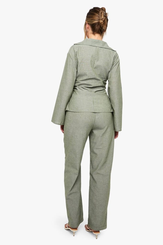 boohoo Dames Gestreepte rechte pijpenbroek | Olive | Maat: 8