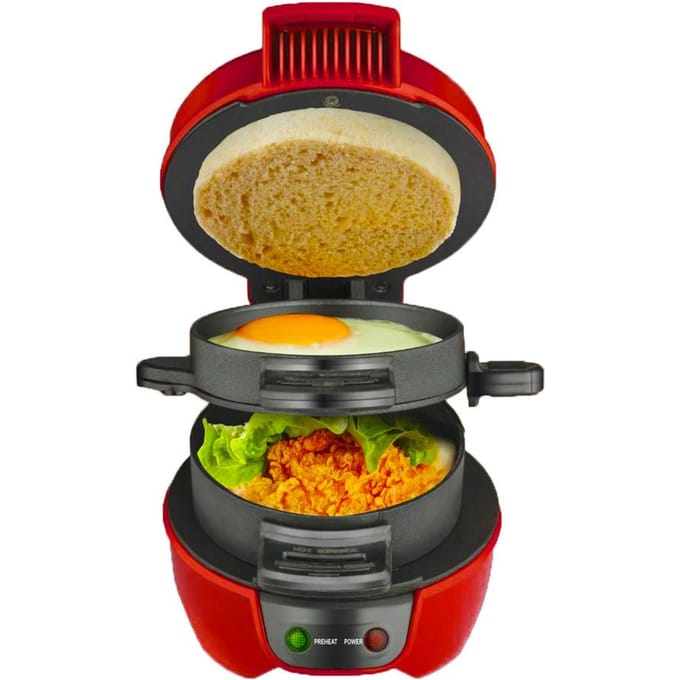 Machine à sandwichs pour petit-déjeuner, avec anneau de cuiseur d'œufs, facile à nettoyer, antiadhésif, pour hamburgers, sandwichs, omelettes, grille-pain EU Plug rouge