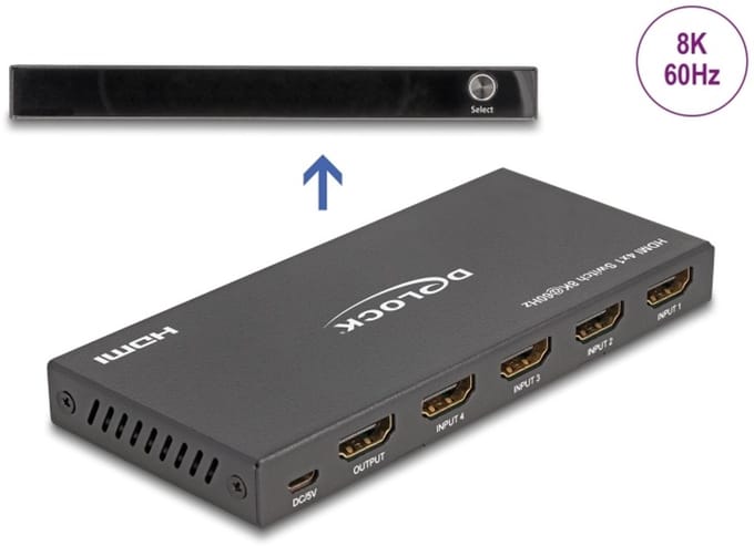 Delock 18604 HDMI-switch Met metalen behuizing, Ultra HD-geschikt, Met afstandsbediening