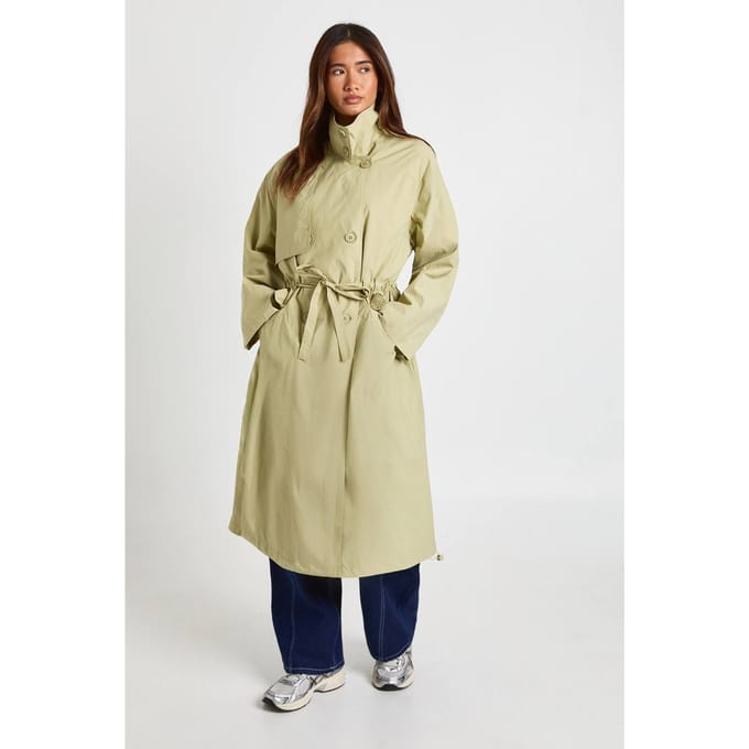 boohoo Dames Getextureerde Trenchcoat met Getailleerde Taille | Khaki | Maat: 12