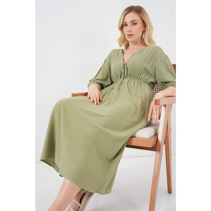A-Form Fit Midi-jurk met V-hals en binddetail