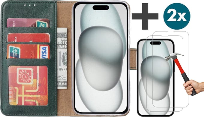 Hoesje met 2 Stuks Screenprotectors Geschikt voor iPhone 15 – Arara bookcase met pasjeshouder - Groen