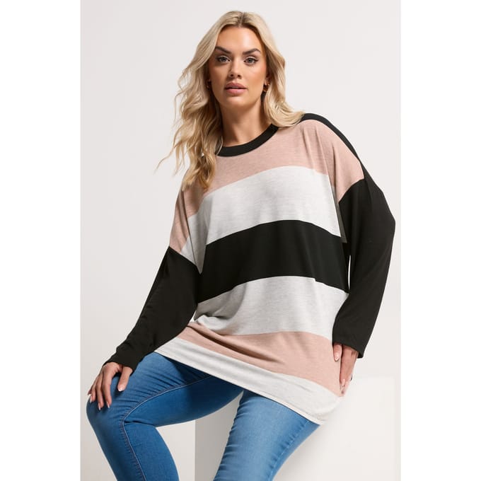 Yours Zwarte Top Met Dikke Gestreepte Lange Mouwen Size 48