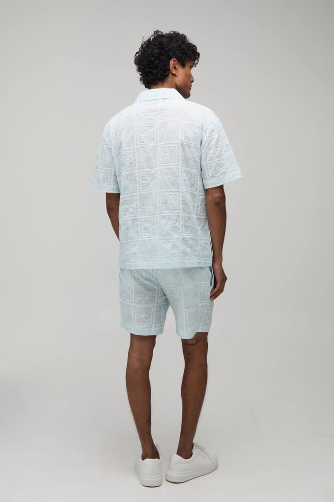 Geborduurd Tegelpatroon Oversized Shirt & Relaxed Short Set | Light Blue | Size Medium
