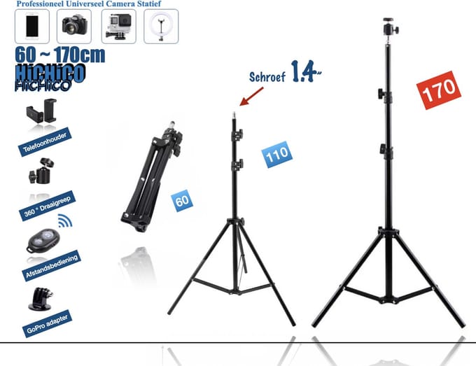 HiCHiCO Smartphone Tripod Camera Statief 175 Cm + Telefoonhouder, 360 ° horizontaal en Bluetooth Remote Shutter