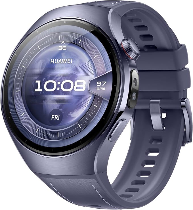 HUAWEI Watch 5 Smartwatch– 46mm Titanium Kast + Saffierglas – X‑TAP Sensor – ECG & SpO2 – AMOLED – Kosmisch Paars