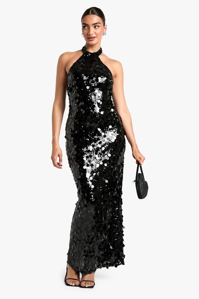 boohoo Dames Disc Sequin Halterneck Maxi Jurk | Zwart | Maat: 42