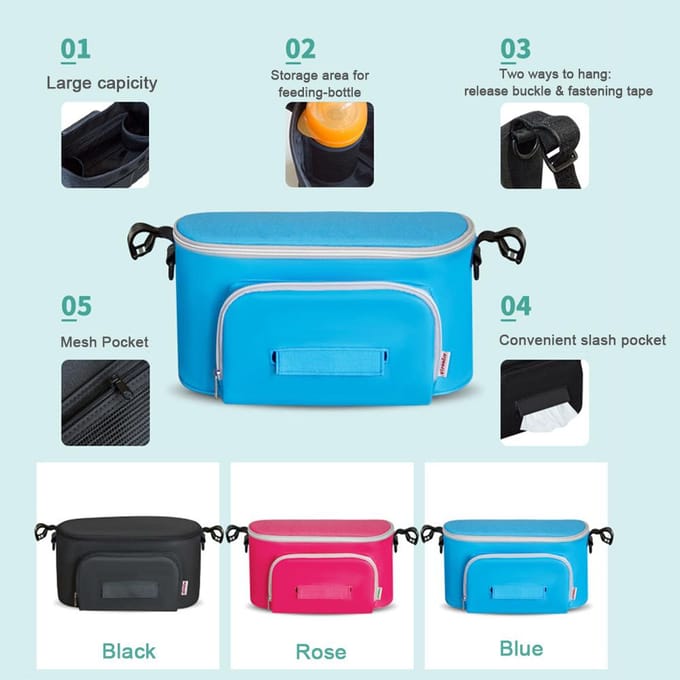 Baby Stroller Bag Organizer Bag Soild Color Mama Carriage Buggy Pram Cart Basket Hook Backpack zwart