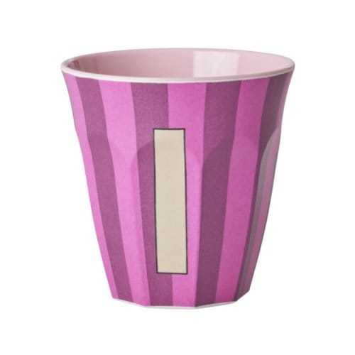 Rice melamine beker medium gestreept letter i, roze
